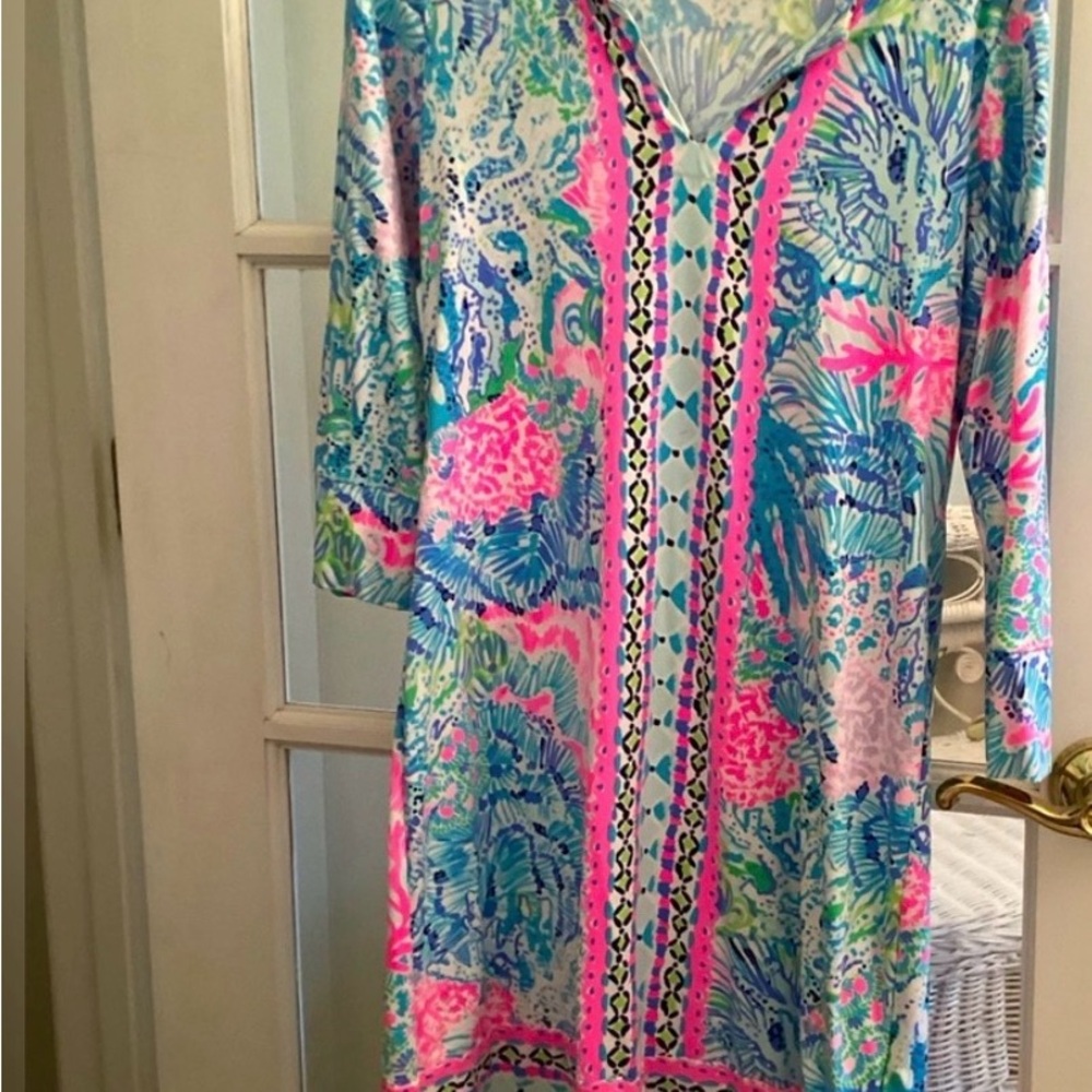 Women’s Floral V-Neck Beach Dress - Pink & Blue - Picture 2 of 2